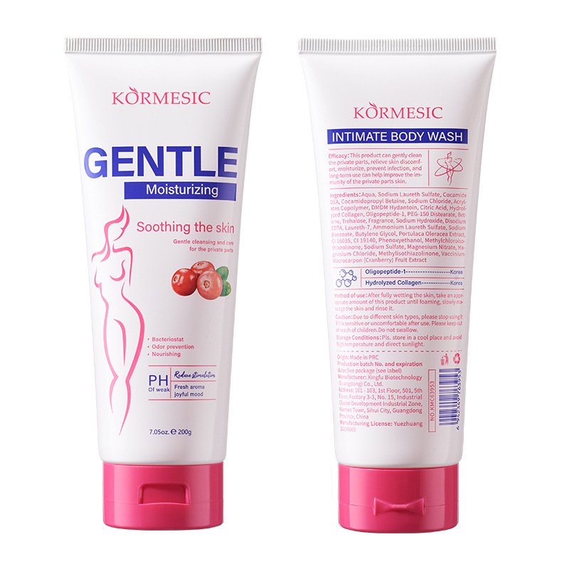 Front and back packaging of KORMESIC intimate body wash