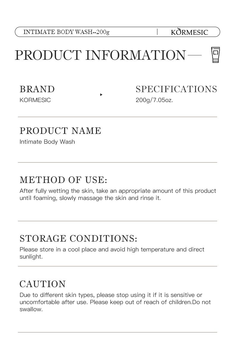 KORMESIC intimate body wash directions and product information